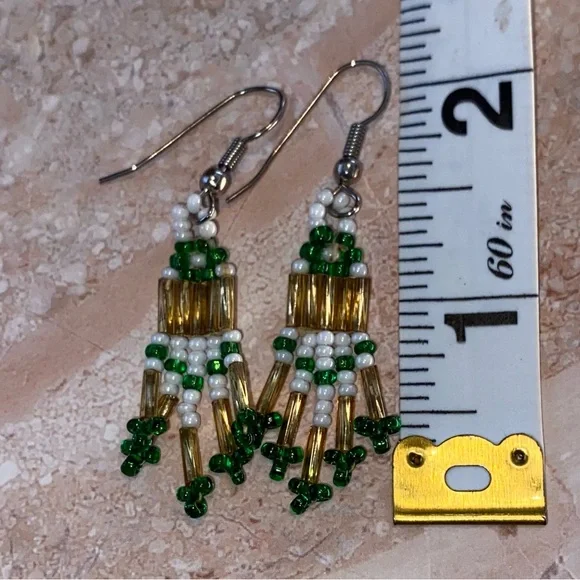🎍3/$10 Green and Gold Beaded Fringe Earrings - Picture 4 of 5